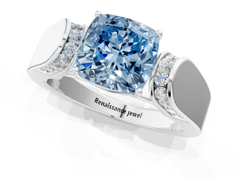 White gold Fancy Blue Cushion Cut Diamond Channel Set Solitaire Ring with Four-Prong Setting_26