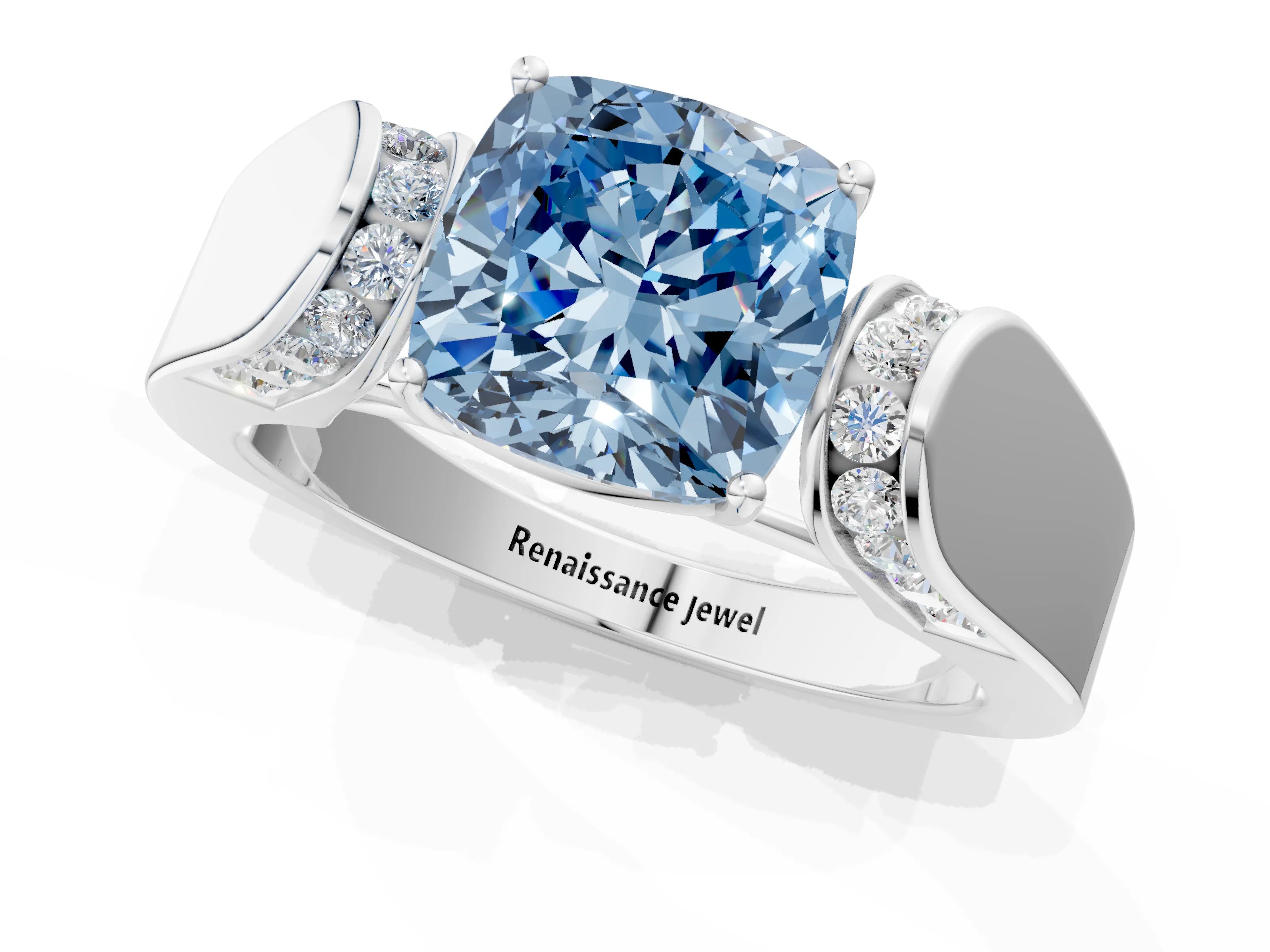 White gold Fancy Blue Cushion Cut Diamond Channel Set Solitaire Ring with Four-Prong Setting_27