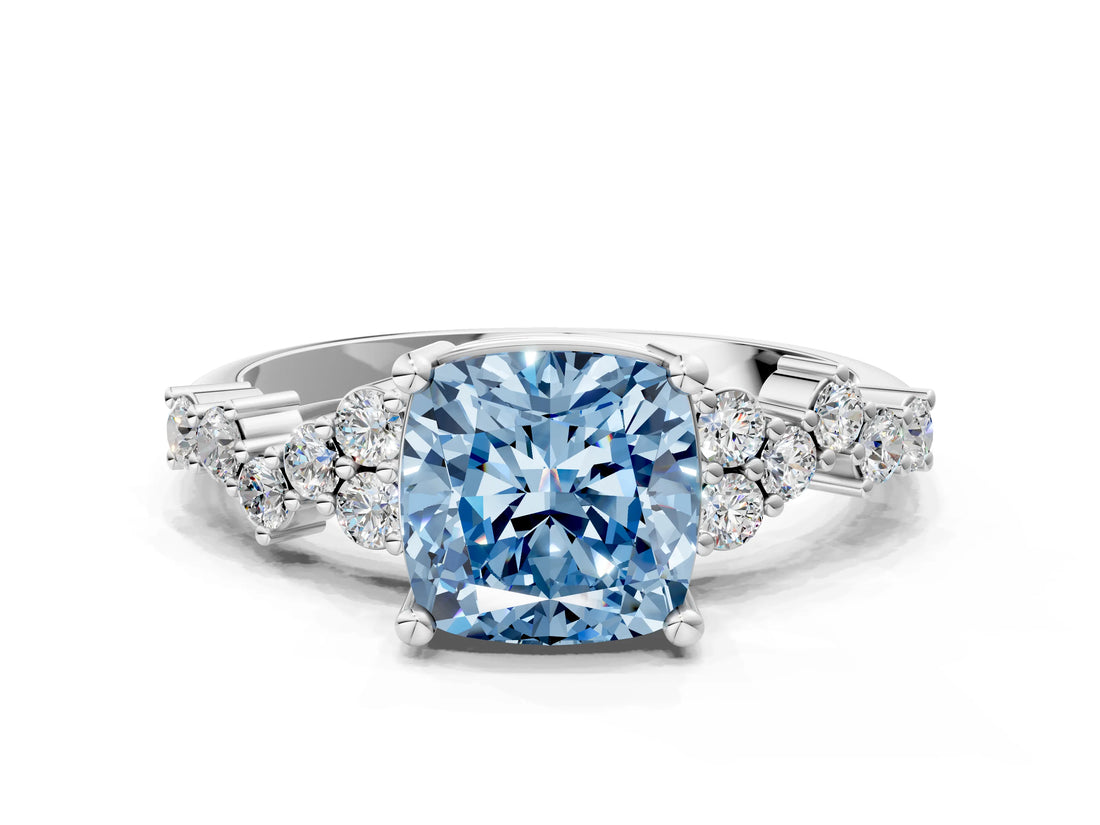 White gold Fancy Blue Cushion Cut Diamond Cluster Pavé Band with Four-Prong Setting_3