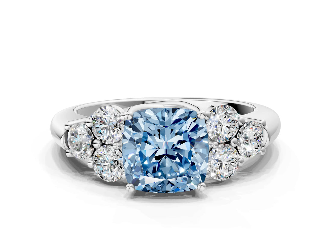 White gold Fancy Blue Cushion  Cut Diamond Cluster Ring with Round Accent Stones and Prong Setting on a Classic Band_49