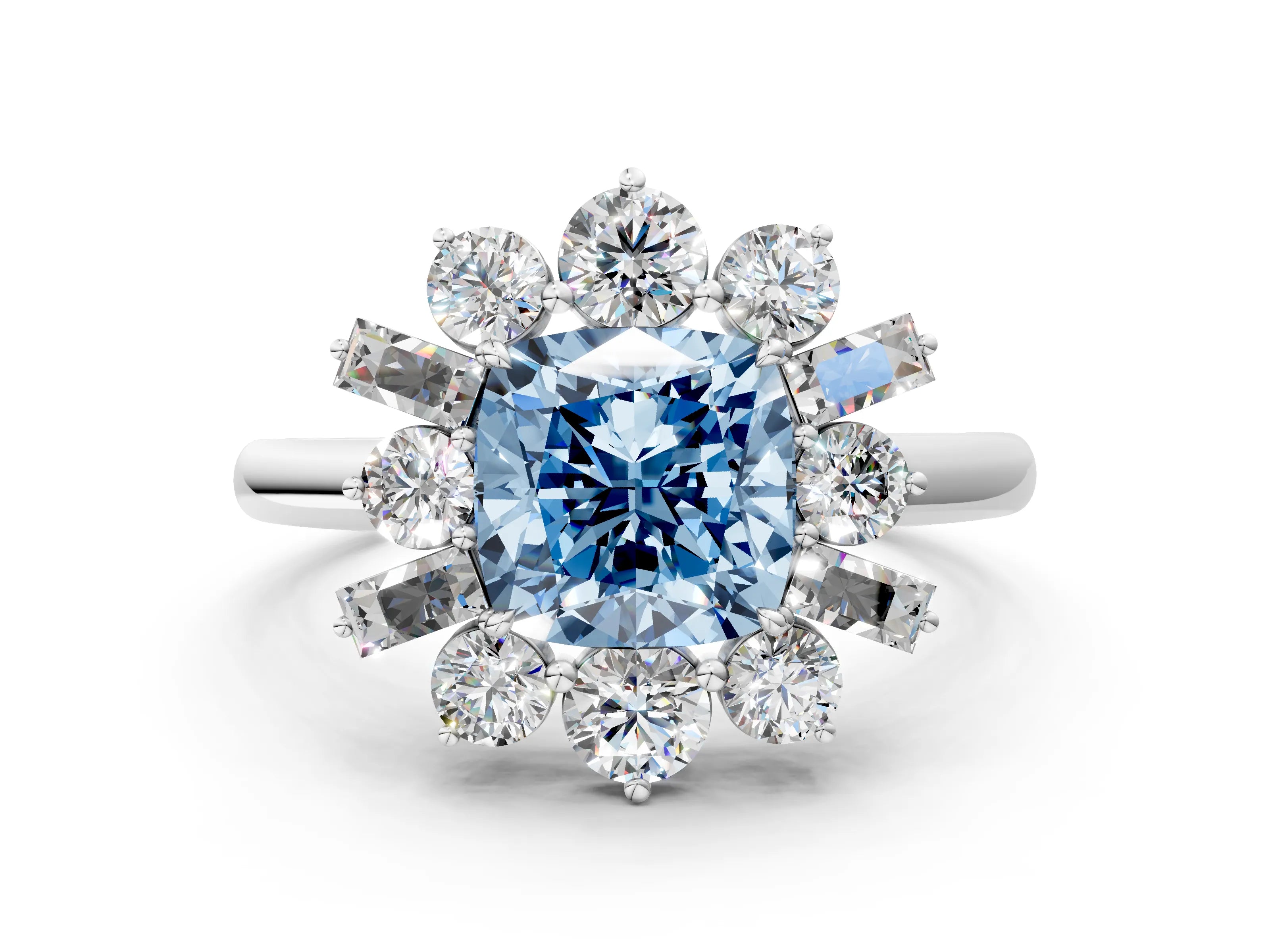 White gold Fancy Blue Cushion Cut Diamond Cluster Ring with Round and Baguette Stones, Split Shank Band, Prong Setting