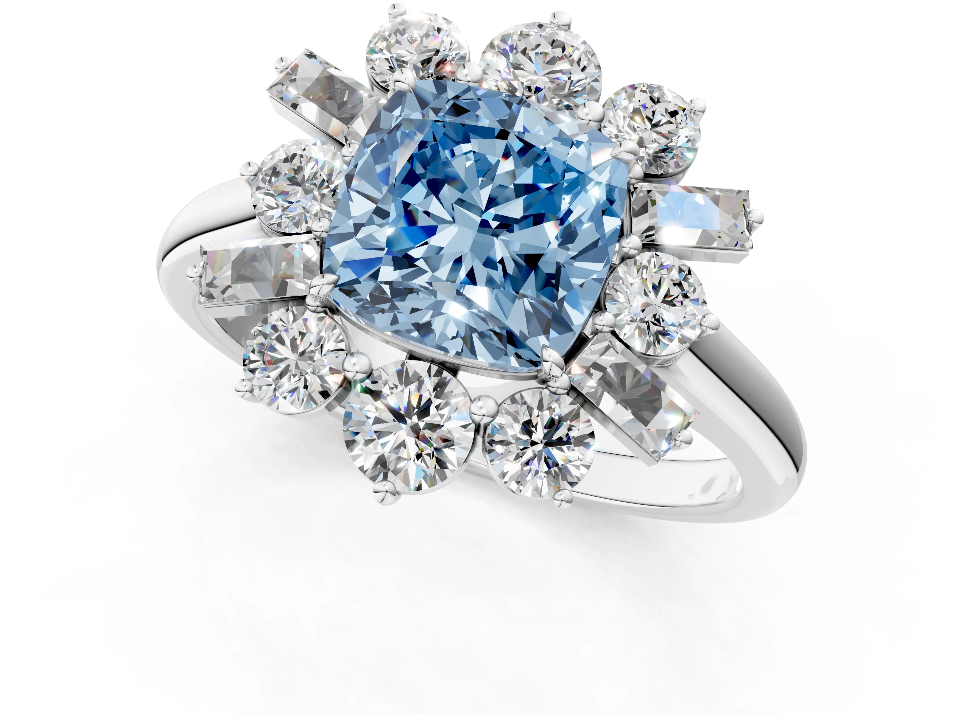 White gold Fancy Blue Cushion Cut Diamond Cluster Ring with Round and Baguette Stones, Split Shank Band, Prong Setting_1