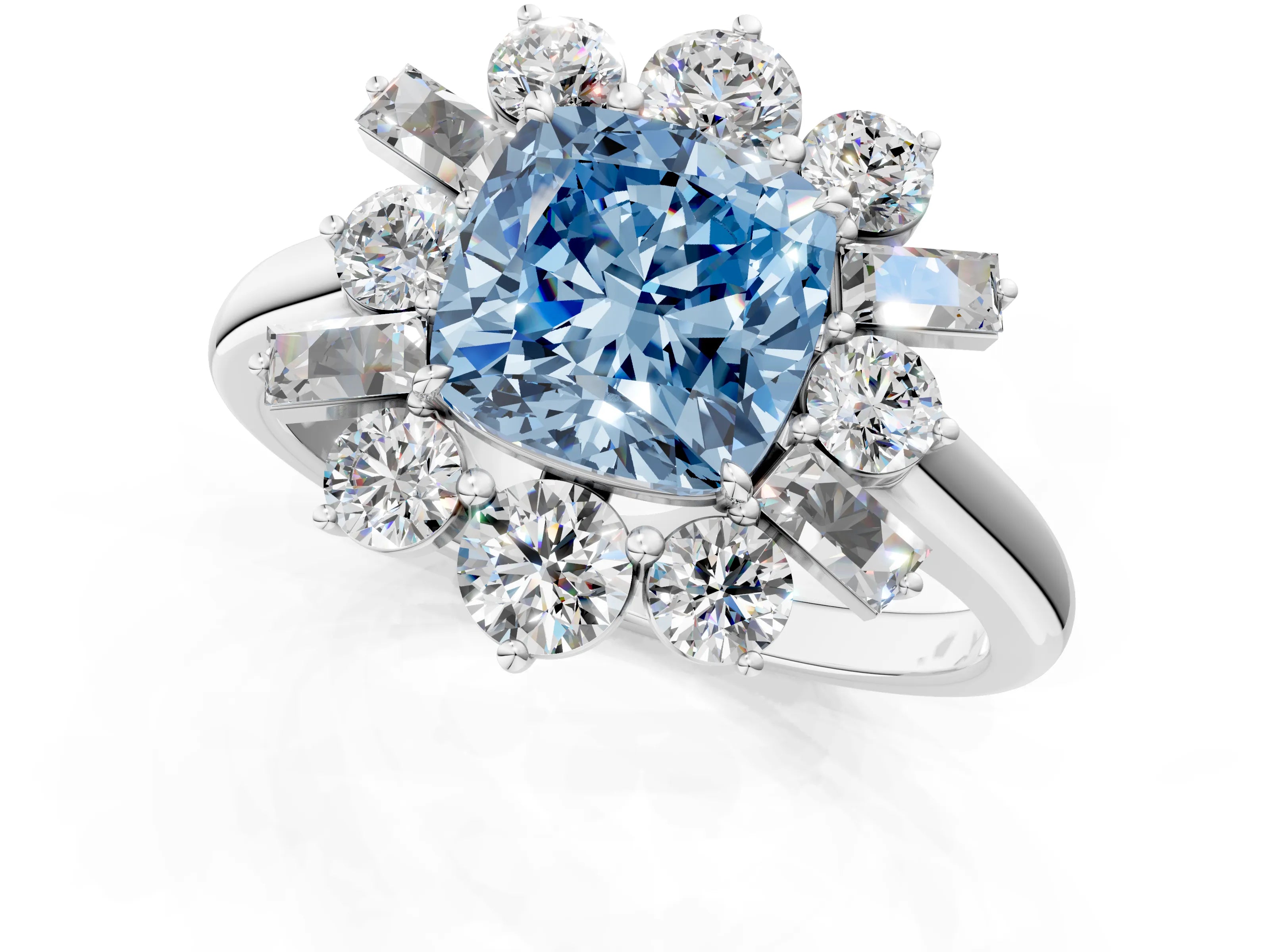 White gold Fancy Blue Cushion Cut Diamond Cluster Ring with Round and Baguette Stones, Split Shank Band, Prong Setting_13