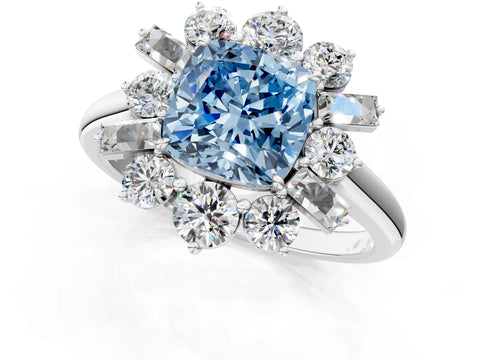 White gold Fancy Blue Cushion Cut Diamond Cluster Ring with Round and Baguette Stones, Split Shank Band, Prong Setting_13