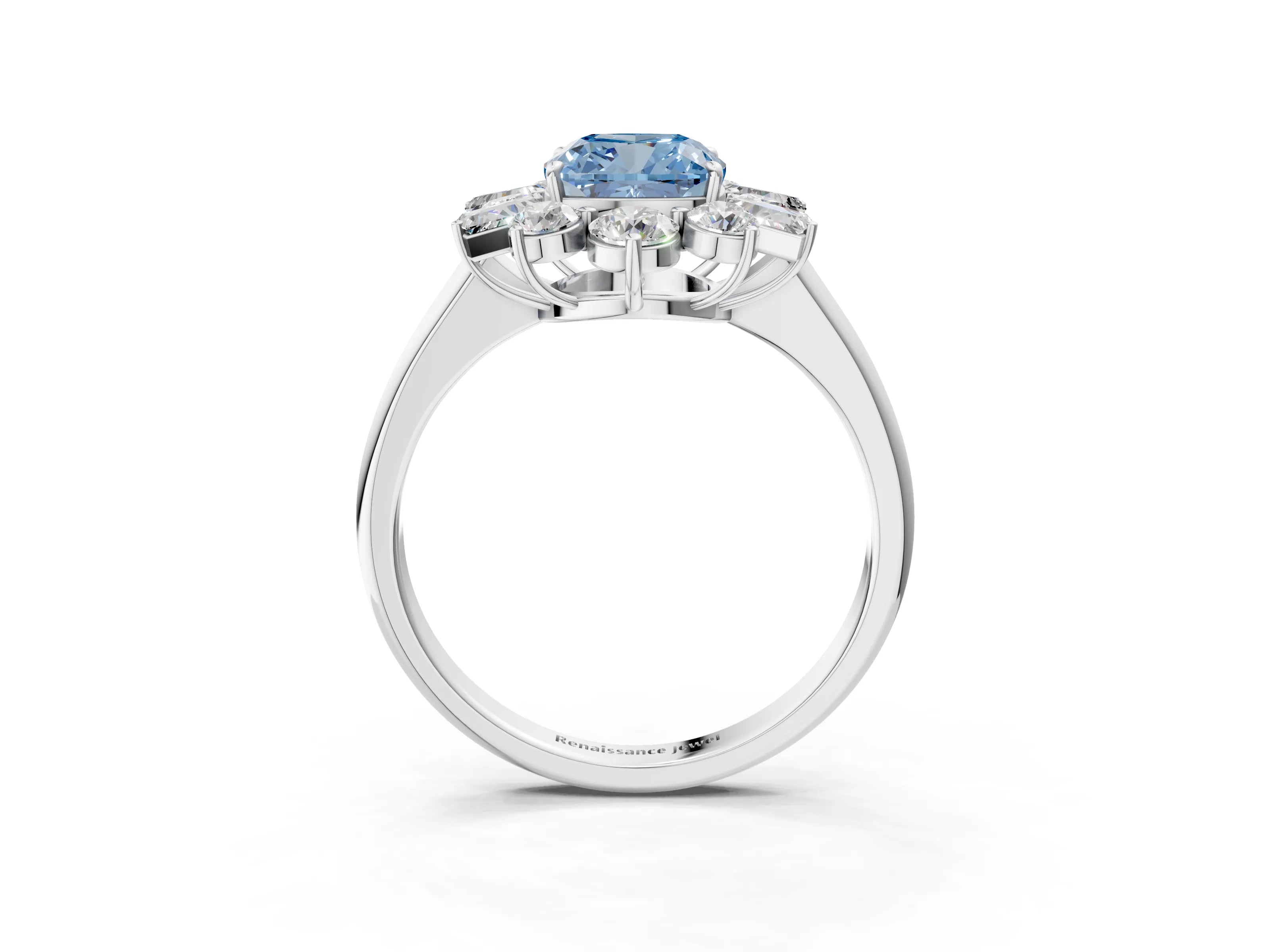 White gold Fancy Blue Cushion Cut Diamond Cluster Ring with Round and Baguette Stones, Split Shank Band, Prong Setting_15