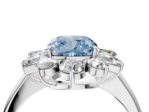 White gold Fancy Blue Cushion Cut Diamond Cluster Ring with Round and Baguette Stones, Split Shank Band, Prong Setting_16