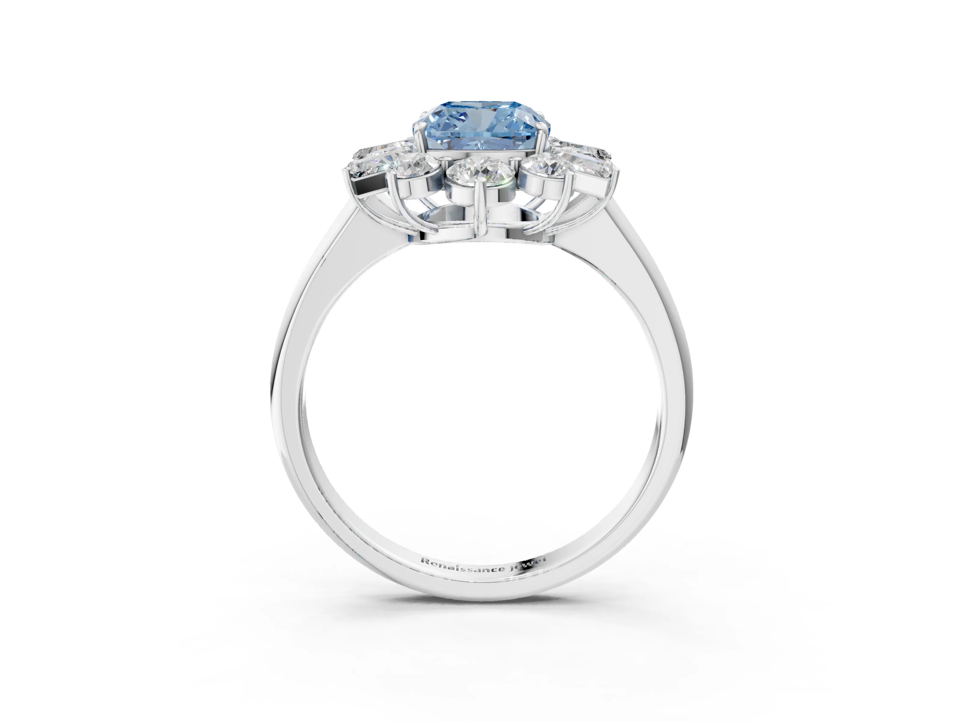 White gold Fancy Blue Cushion Cut Diamond Cluster Ring with Round and Baguette Stones, Split Shank Band, Prong Setting_3