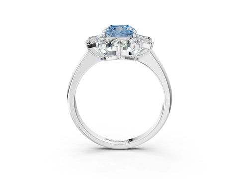 White gold Fancy Blue Cushion Cut Diamond Cluster Ring with Round and Baguette Stones, Split Shank Band, Prong Setting_3