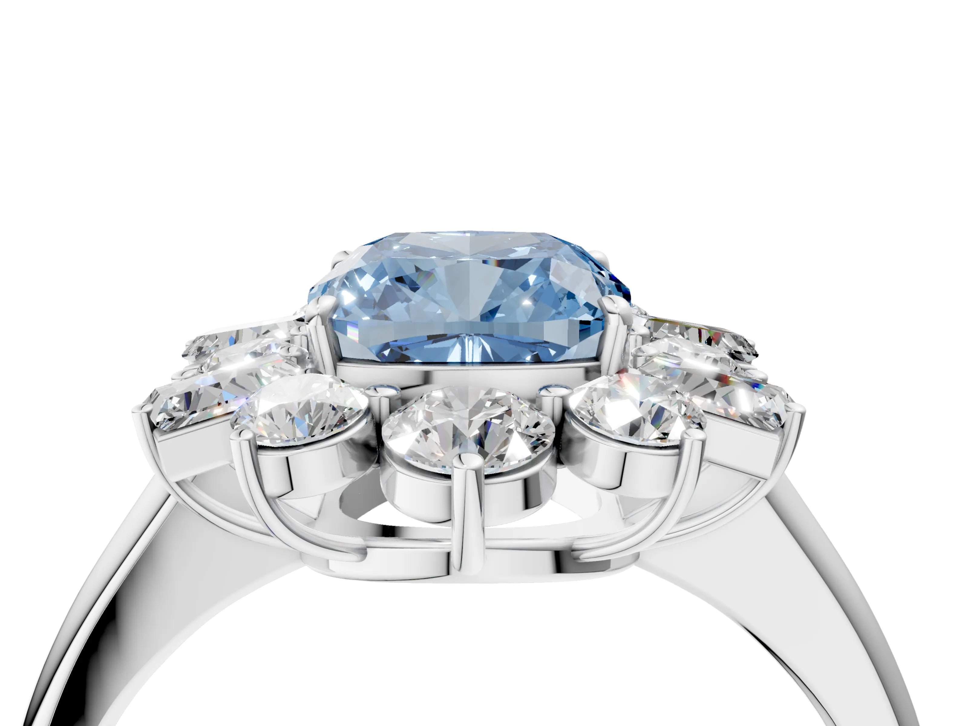 White gold Fancy Blue Cushion Cut Diamond Cluster Ring with Round and Baguette Stones, Split Shank Band, Prong Setting_4