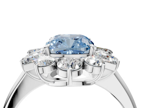 White gold Fancy Blue Cushion Cut Diamond Cluster Ring with Round and Baguette Stones, Split Shank Band, Prong Setting_4