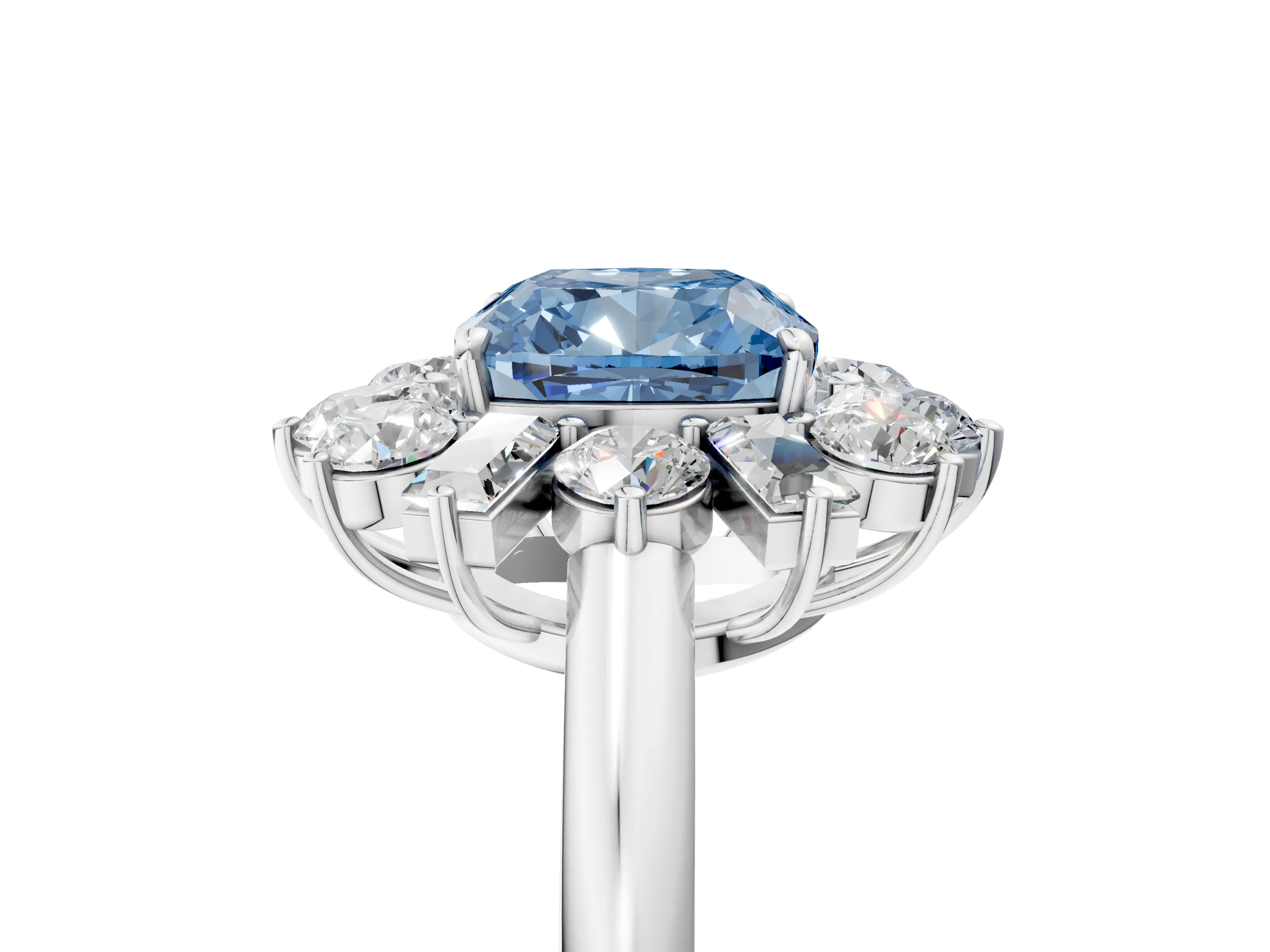 White gold Fancy Blue Cushion Cut Diamond Cluster Ring with Round and Baguette Stones, Split Shank Band, Prong Setting_5