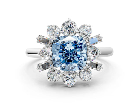 White gold Fancy Blue Cushion Cut Diamond Cluster Ring with Round and Baguette Stones, Split Shank Band, Prong Setting