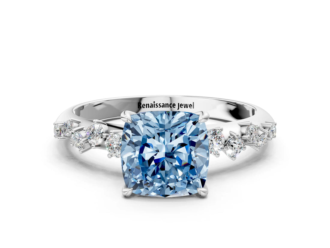 White gold Fancy Blue Cushion Cut Diamond Cluster Side Stone Solitaire Ring with Prong Setting_94