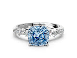 White gold Fancy Blue Cushion Cut Diamond Cluster Side Stone Solitaire Ring with Prong Setting_94