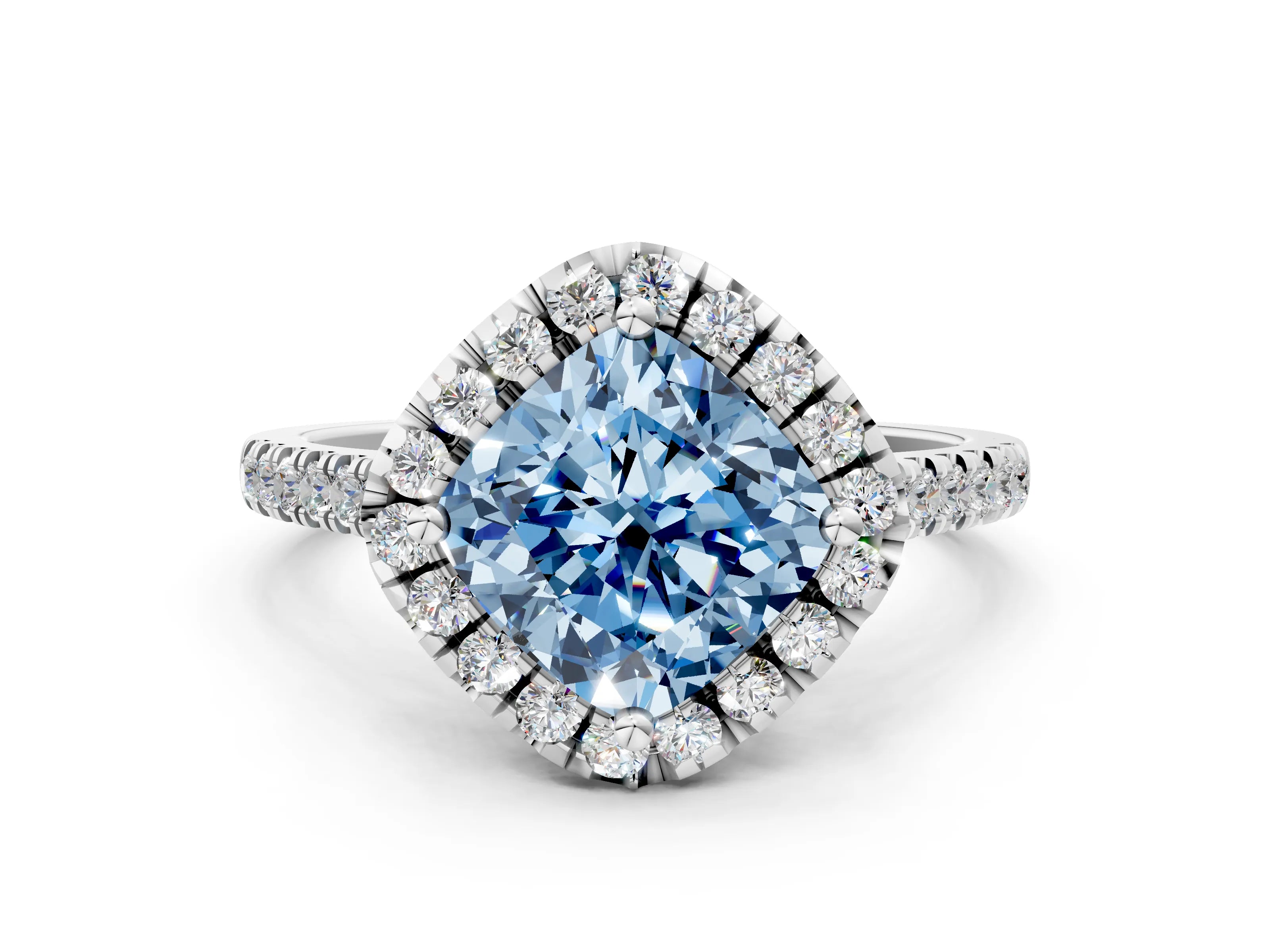 White gold Fancy Blue Cushion Cut Diamond Cushion Halo Ring with Pavé Band_12