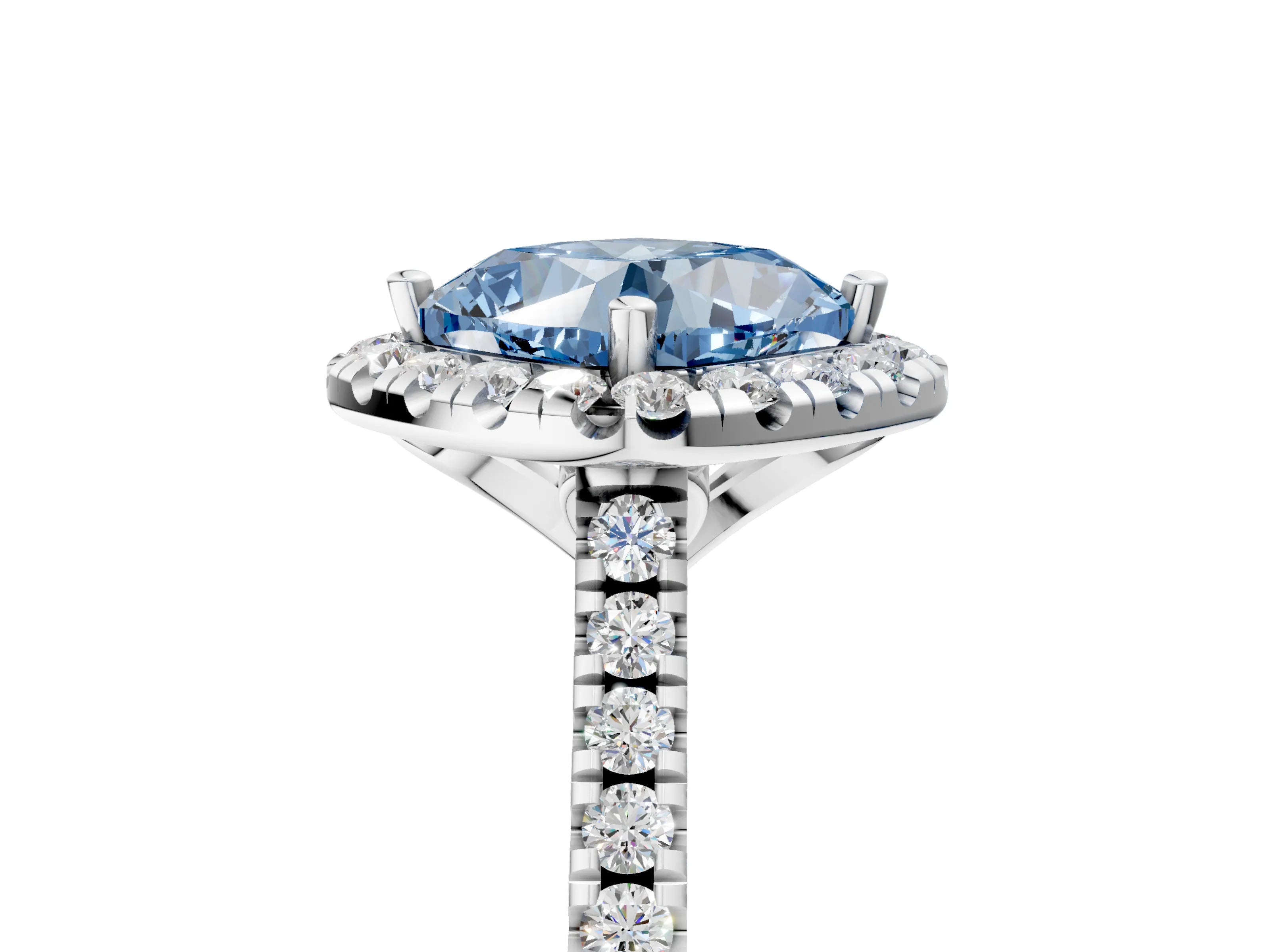 White gold Fancy Blue Cushion Cut Diamond Cushion Halo Ring with Pavé Band_17