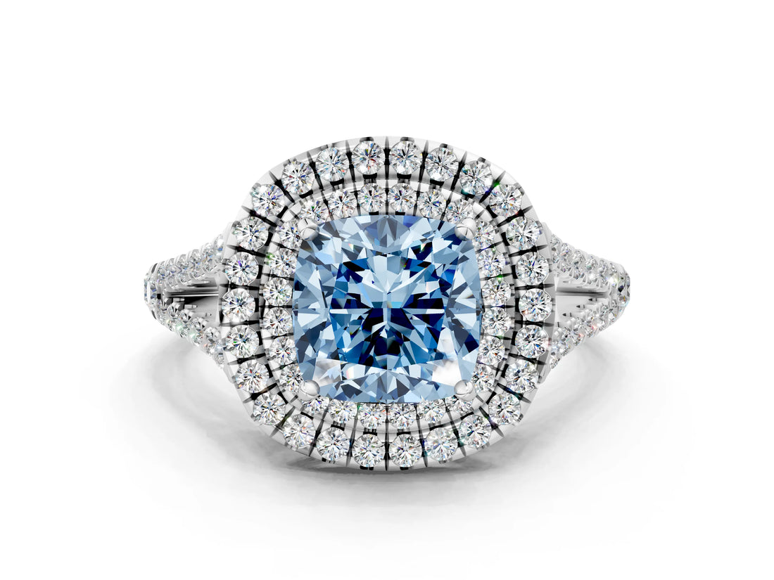 White gold Fancy Blue Cushion Cut Diamond Double Halo Ring with Pavé Band and Prong Setting_98