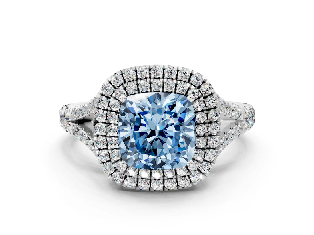 White gold Fancy Blue Cushion Cut Diamond Double Halo Ring with Split Shank and Prong Setting_27
