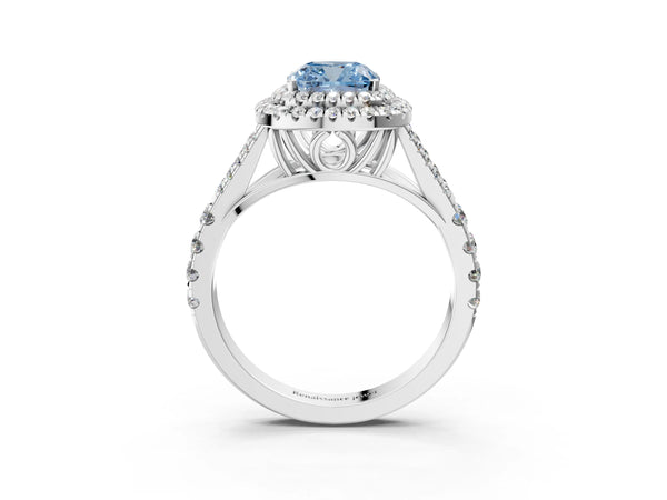 White gold Fancy Blue Cushion Cut Diamond Double Halo Ring with Split Shank and Prong Setting