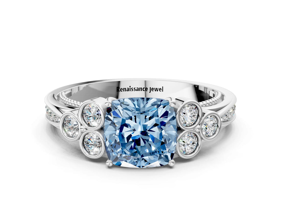 White gold Fancy Blue Cushion  Cut Diamond Engagement Ring with Bezel Set Round Side Stones and Prong Setting_48