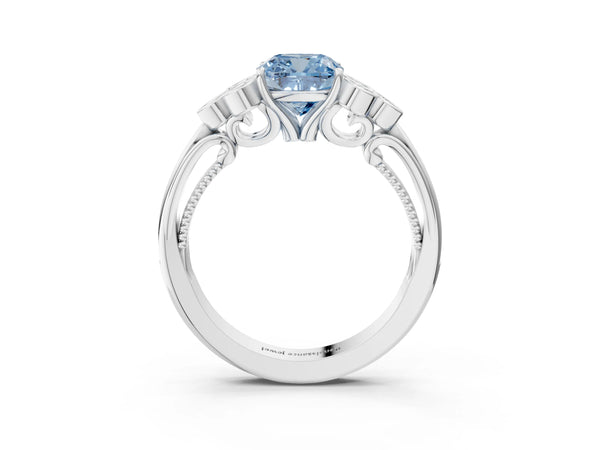 White gold Fancy Blue Cushion  Cut Diamond Engagement Ring with Bezel Set Round Side Stones and Prong Setting