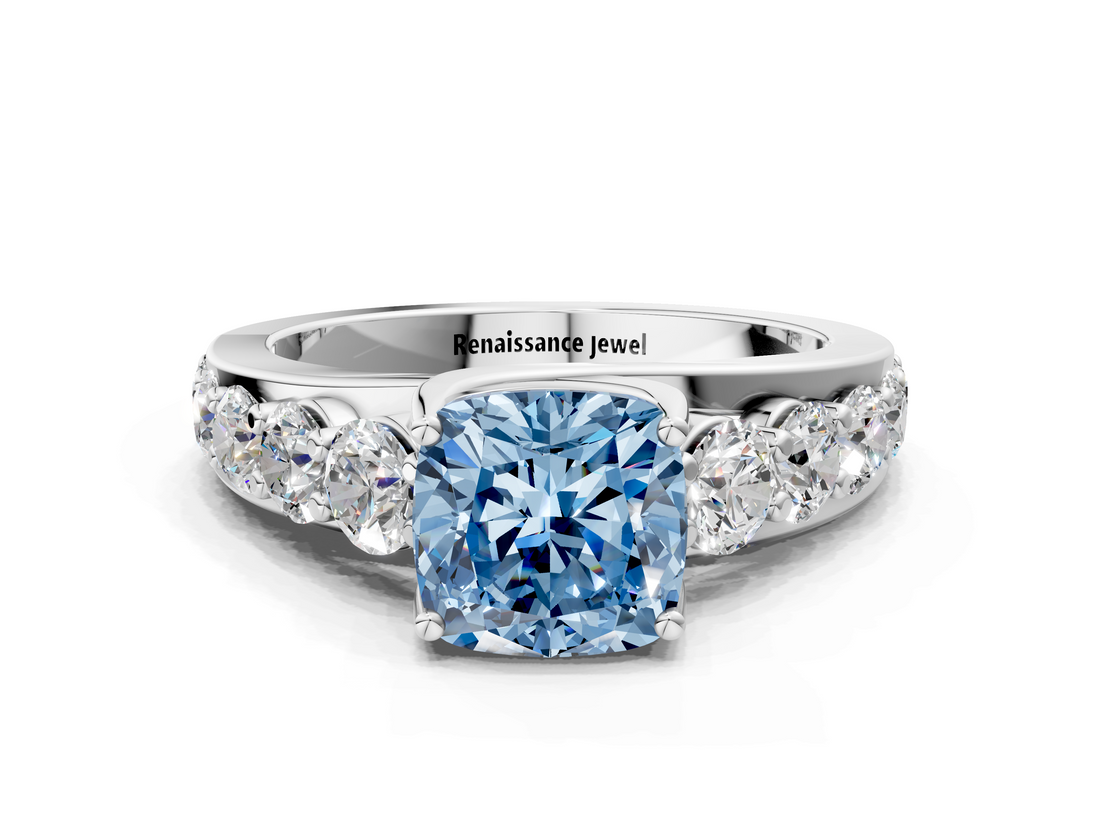 White gold Fancy Blue Cushion  Cut Diamond Engagement Ring with Pavé Band and Four-Prong Setting_3