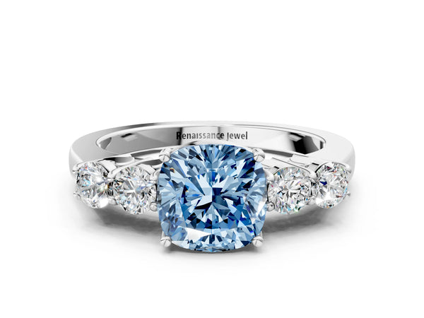Platinum Fancy Blue Cushion  Cut Diamond Five-Stone Prong Set White Gold Ring