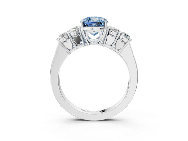 Platinum Fancy Blue Cushion  Cut Diamond Five-Stone Prong Set White Gold Ring