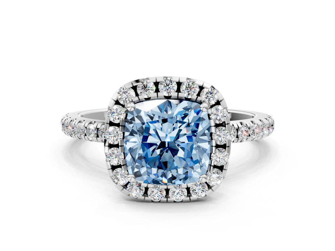 White gold Fancy Blue Cushion  Cut Diamond Floral Halo Engagement Ring with Pavé Band and Prong Setting_48