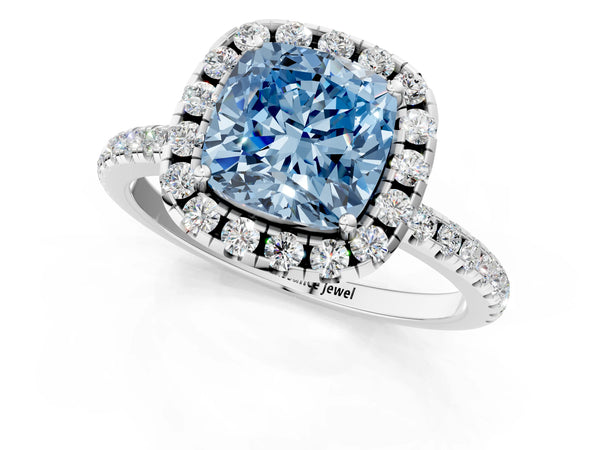 Platinum Fancy Blue Cushion  Cut Diamond Floral Halo Engagement Ring with Pavé Band and Prong Setting