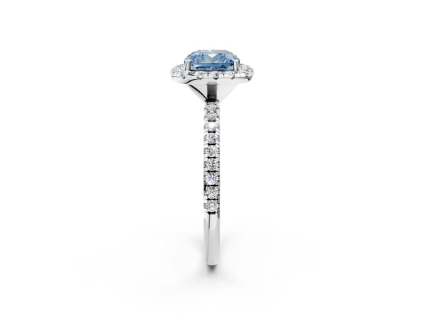 Platinum Fancy Blue Cushion  Cut Diamond Floral Halo Engagement Ring with Pavé Band and Prong Setting