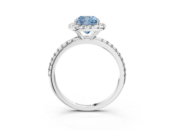 Platinum Fancy Blue Cushion  Cut Diamond Floral Halo Engagement Ring with Pavé Band and Prong Setting