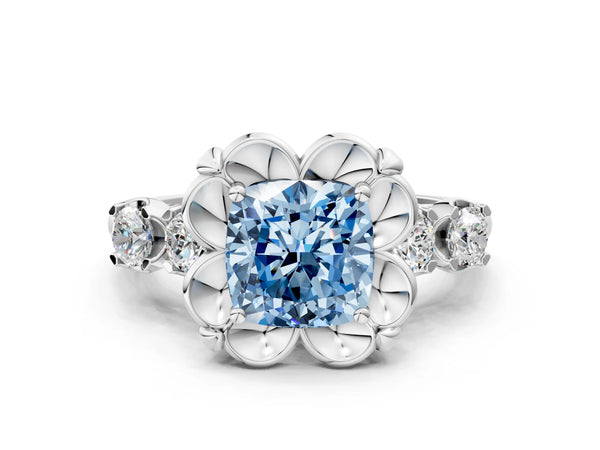 White gold Fancy Blue Cushion  Cut Diamond Floral Halo Engagement Ring with Shared Prong Setting