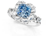 White gold Fancy Blue Cushion  Cut Diamond Floral Halo Engagement Ring with Shared Prong Setting 2