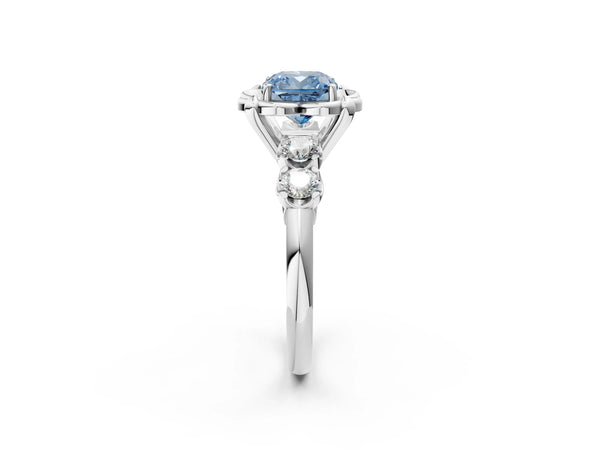 White gold Fancy Blue Cushion  Cut Diamond Floral Halo Engagement Ring with Shared Prong Setting