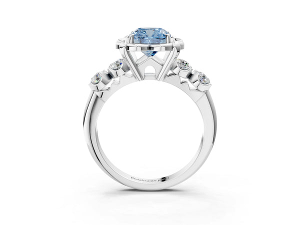 White gold Fancy Blue Cushion  Cut Diamond Floral Halo Engagement Ring with Shared Prong Setting