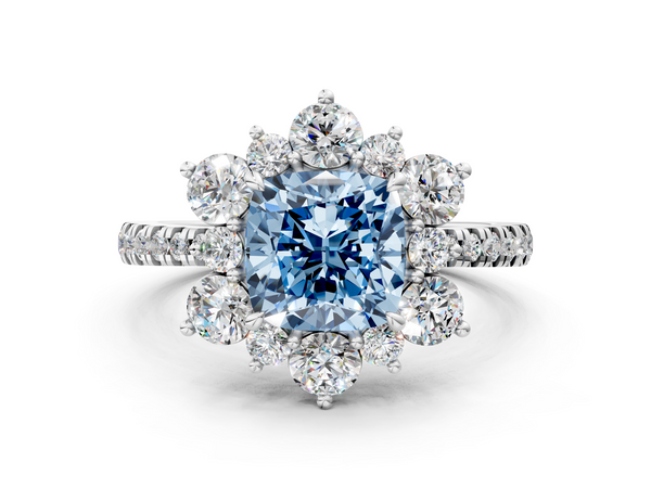 White gold Fancy Blue Cushion  Cut Diamond Floral Halo Pave Band with Prong Setting