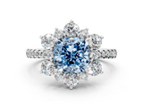 White gold Fancy Blue Cushion  Cut Diamond Floral Halo Pave Band with Prong Setting_37