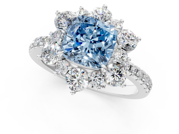 White gold Fancy Blue Cushion  Cut Diamond Floral Halo Pave Band with Prong Setting