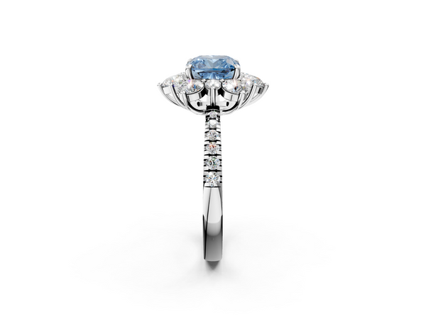 White gold Fancy Blue Cushion  Cut Diamond Floral Halo Pave Band with Prong Setting