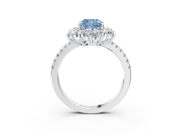 White gold Fancy Blue Cushion  Cut Diamond Floral Halo Pave Band with Prong Setting
