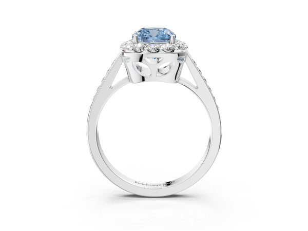 Platinum Fancy Blue Cushion Cut Diamond Floral Halo Ring with Pavé Band and Prong Setting