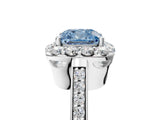 White gold Fancy Blue Cushion Cut Diamond Floral Halo Ring with Pavé Band and Prong Setting_12
