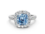 White gold Fancy Blue Cushion Cut Diamond Floral Halo Ring with Pavé Band and Prong Setting_7