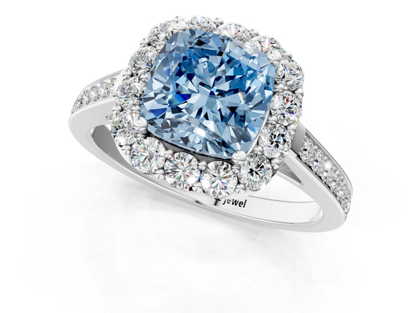 Platinum Fancy Blue Cushion Cut Diamond Floral Halo Ring with Pavé Band and Prong Setting