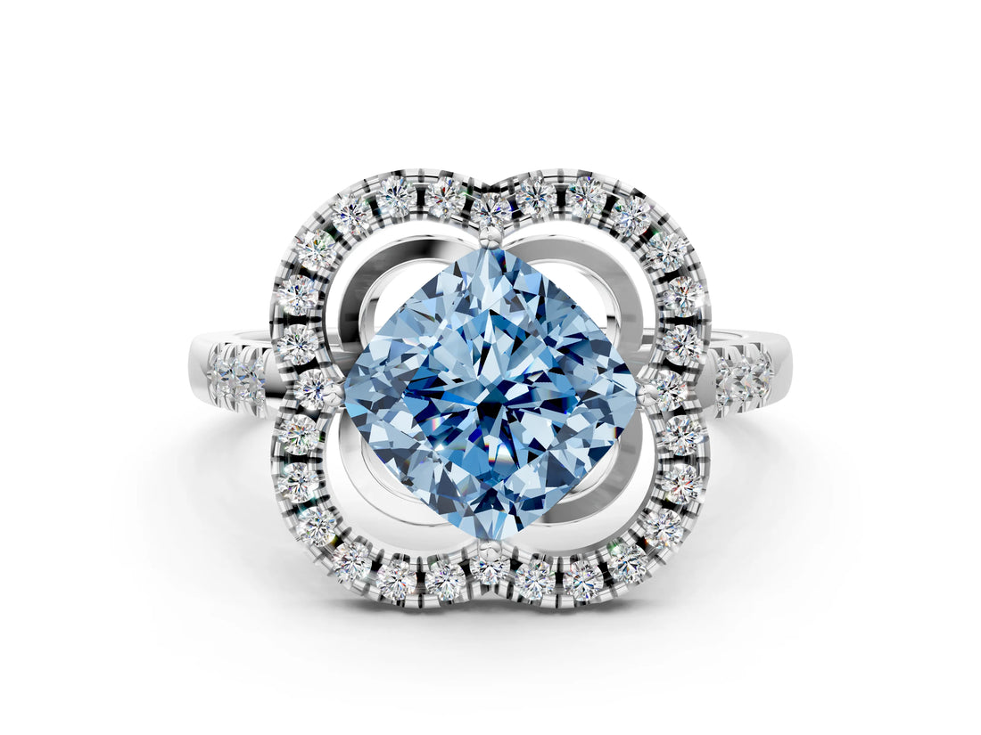 White gold Fancy Blue Cushion Cut Diamond Floral Halo Split Shank Prong Setting Ring_12