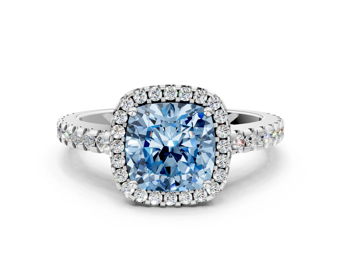 White gold Fancy Blue Cushion Cut Diamond Halo Engagement Ring with Pavé Band and Prong Setting_39