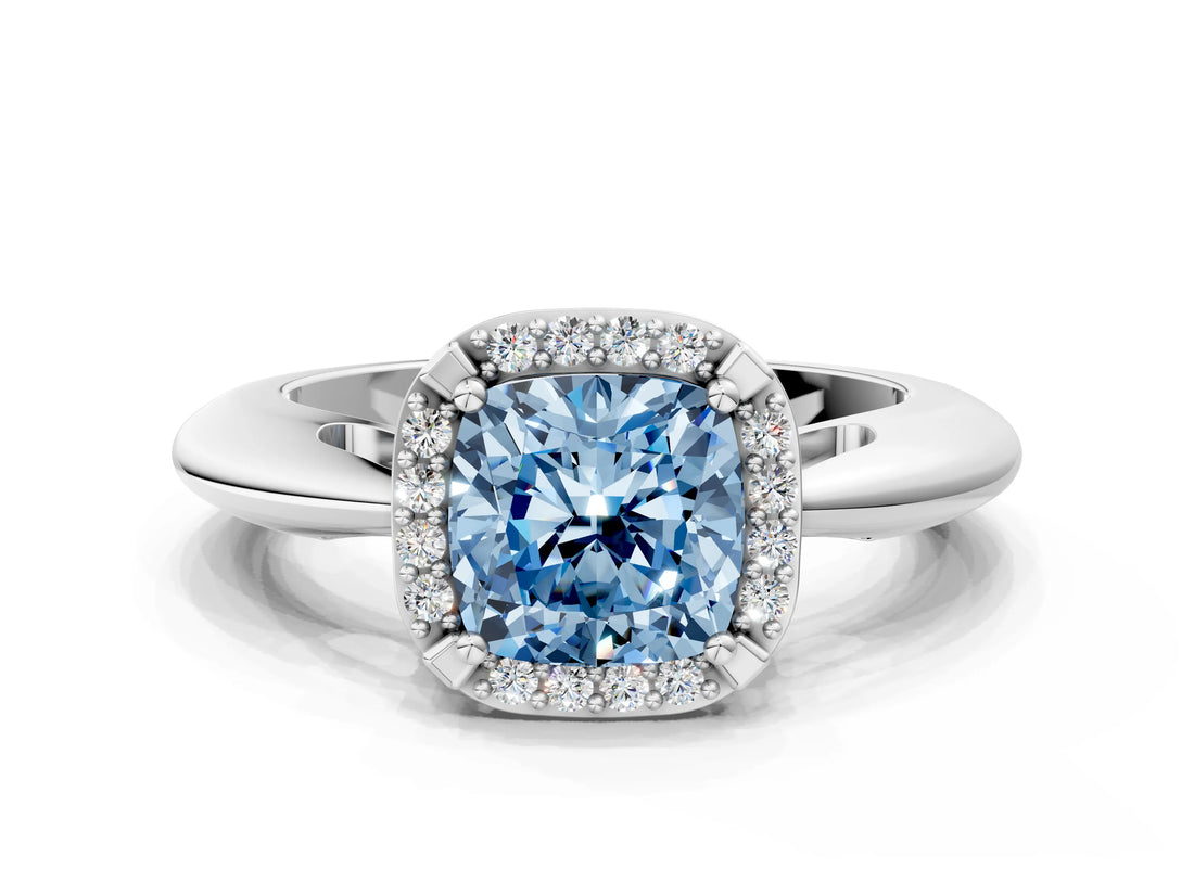 White gold Fancy Blue Cushion  Cut Diamond Halo Engagement Ring with Split Shank and Four-Prong Setting_103