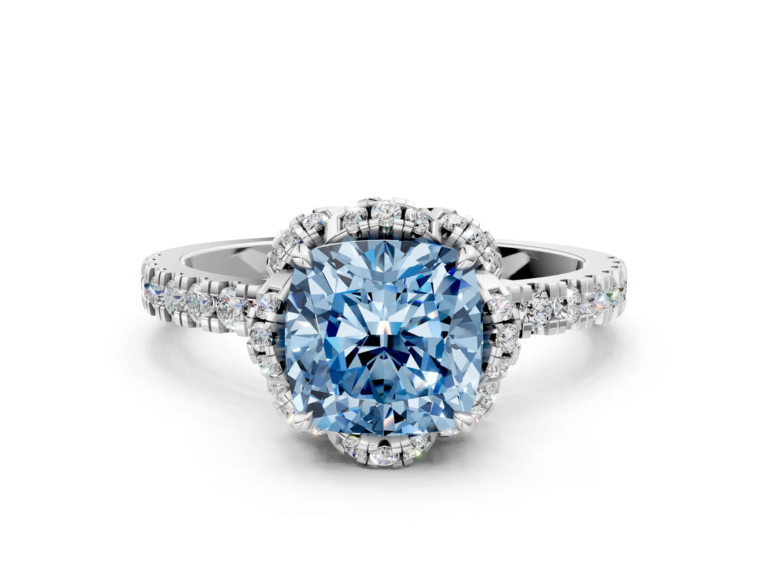 White gold Fancy Blue Cushion Cut Diamond Halo Pave Band with Four-Prong Setting_33