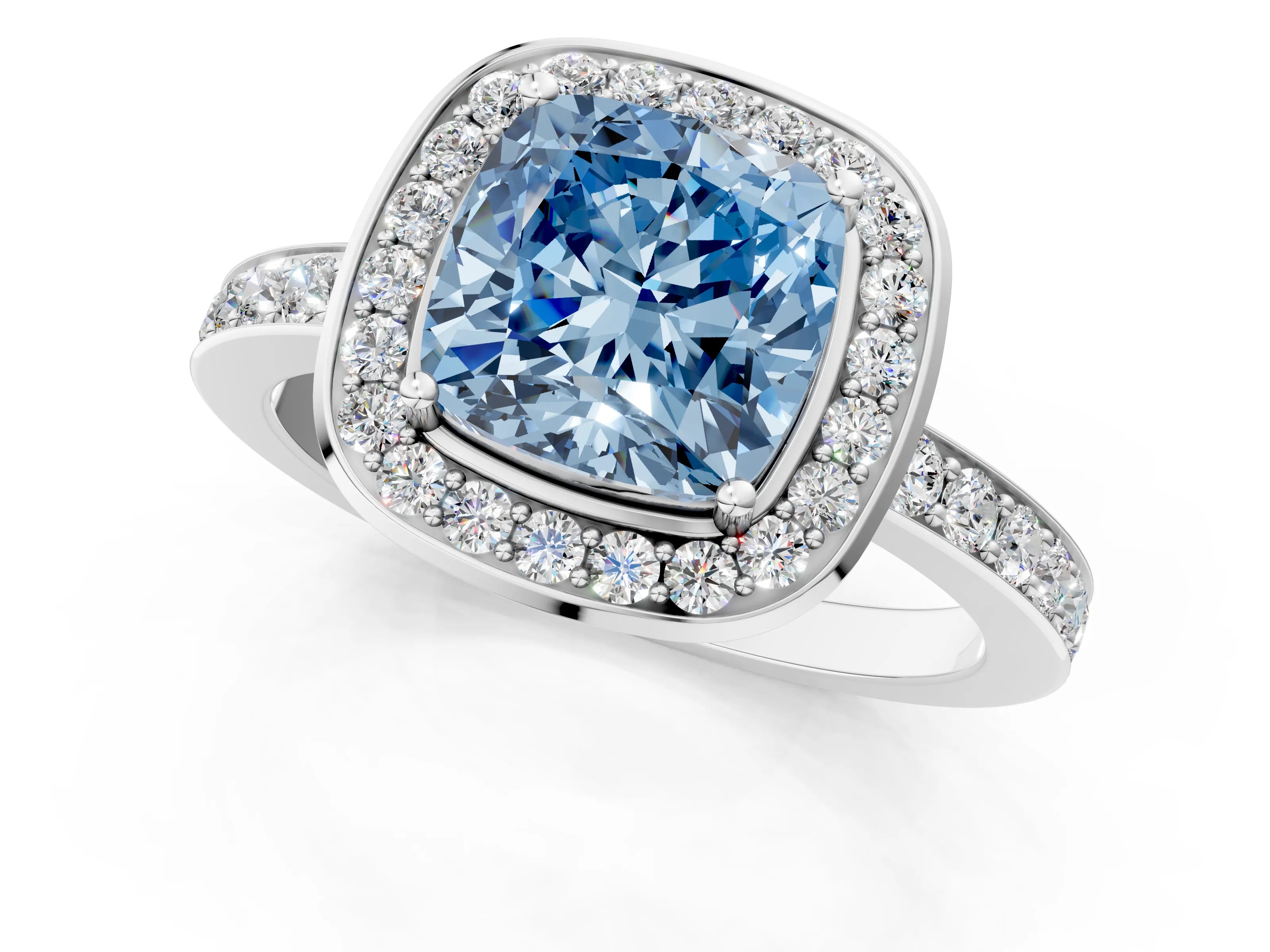 White gold Fancy Blue Cushion Cut Diamond Halo Ring with Bezel Frame and Pavé Band_1